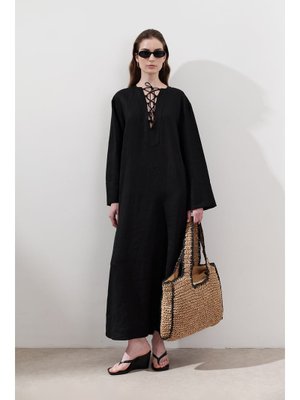 MANUKA Siyah Keten Bağlama Detaylı Elbise