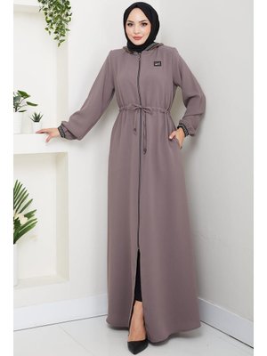 Hafsa Mina Açık Kahve File Kapüşonlu Bağlamalı Ferace