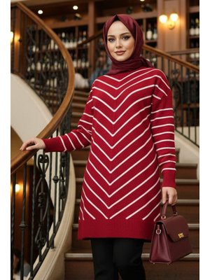 Neva Style Çizgili Kırmızı Triko Kazak 81861k