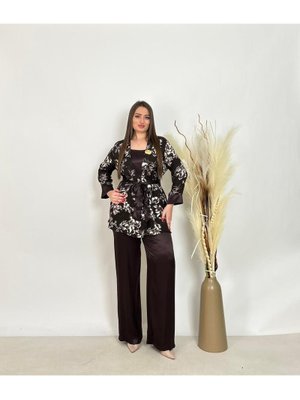 De White`s Büyük Beden Lü Bluzlu Pantolonlu Ceketli Takım Kahve