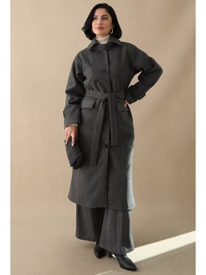 InStyle Yakası Apoletli Kapak Cep Antrasit Kaşe Kaban