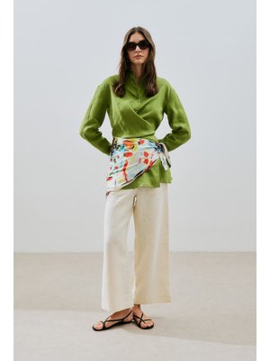 MANUKA Fıstık Yeşili Keten Bağlama Detaylı Gömlek