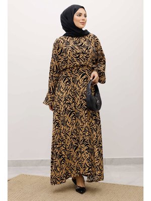 Tesettür Dünyası Taba Beli Lastikli Yarasa Kol Viskon Elbise