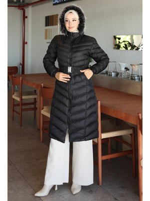 MODAMİHRAM Siyah Kapüşonlu Şişme Mont