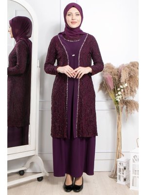 MODAVİKİ Mürdüm Taş İşleme Detaylı Abiye