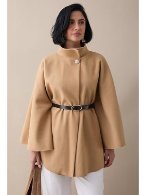 InStyle Kemerli Kaşe Camel Kısa Panço