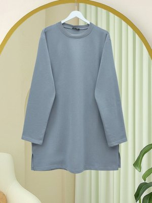 Podyumplus Gri Yuvarlak Yaka Yırtmaçlı Salaş Penye Tunik