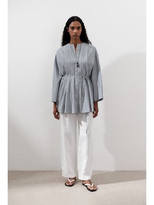 MANUKA Mavi Nervürlü Geniş Kollu Tunik