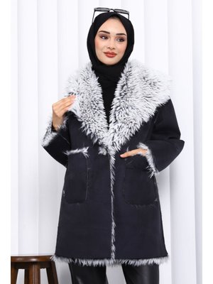 İmaj Butik Siyah Kruvaze Yaka İçi Kürklü Süet Mont