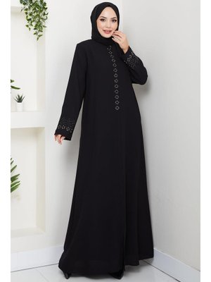 Hafsa Mina Siyah Gizli Patlı Çiçek Taşlı Ferace