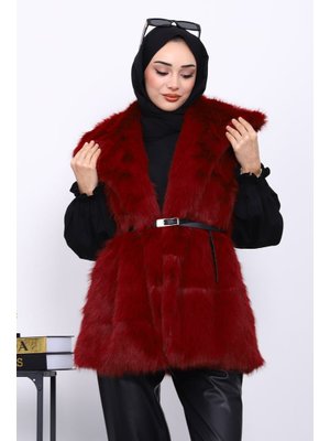 İmaj Butik Bordo Astarlı Kemerli Kürk Yelek