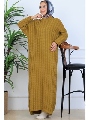 Benguen Yağ Yeşili Örgü Desenli Triko Elbise