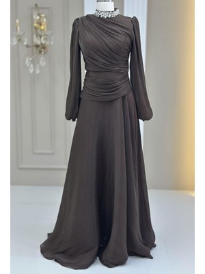 Amine Hüma Koyu Kahve Nergis Abiye Elbise