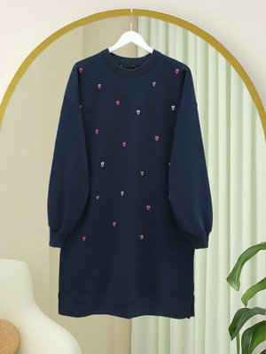 Podyumplus Laci Yuvarlak Yaka Kalp Desenli Penye Tunik