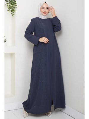 Hafsa Mina Füme Gizli Patlı Yarım Taşlı Ferace