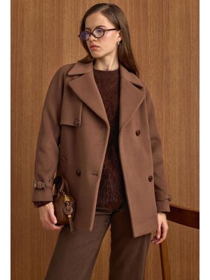 Olcay Pelerin Ve Kol Patı Detaylı Kruvaze Kısa Kaban A.kahve