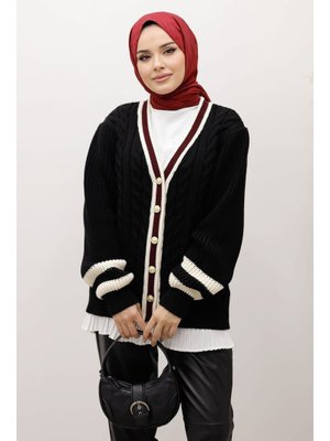 Tesettür Dünyası Siyah Saç Örgü Desenli Triko Hırka