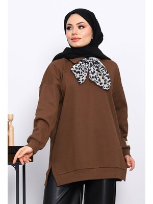 İmaj Butik Açık Kahve Fular Detaylı Yakalı Tunik