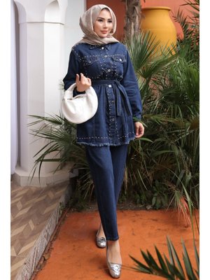 İmaj Butik Lacivert Taş İşlemeli Ceket Pantolonlu Kot Takım