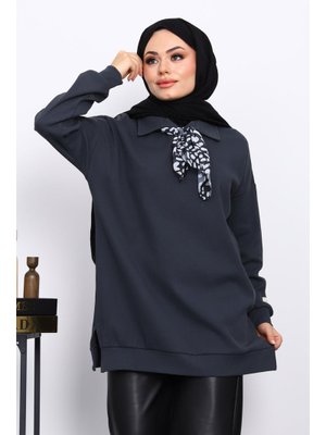 İmaj Butik Füme Fular Detaylı Yakalı Tunik