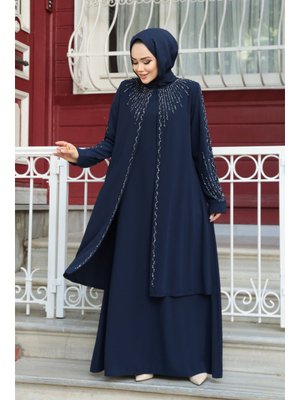 Neva Style Boncuk İşlemeli Lacivert Abaya 29131l