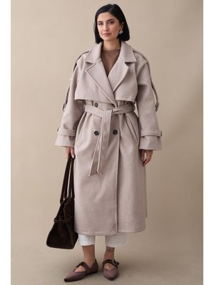 InStyle Apoletli Kuşaklı Astarsız Oversize Bej Kaşe Kaban