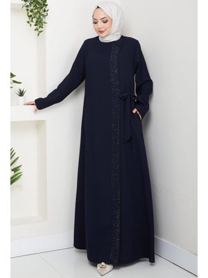Hafsa Mina Lacivert Gizli Fermuarlı Yandan Bağlamalı Boncuklu Ferace