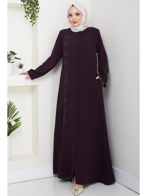 Hafsa Mina Mürdüm Deri İşlemeli Ferace