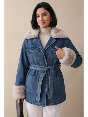 InStyle Peluş Detay Kuşaklı Mavi Kot Ceket