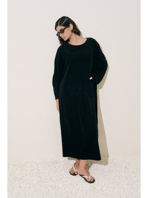 MANUKA Siyah Havlu Kumaş Rahat Elbise