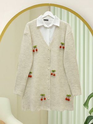 Podyumplus Krem Kirazlı Top Düğmeli Triko Hırka