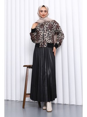 İmaj Butik Siyah Leopar Desenli Ceket Etekli Takım