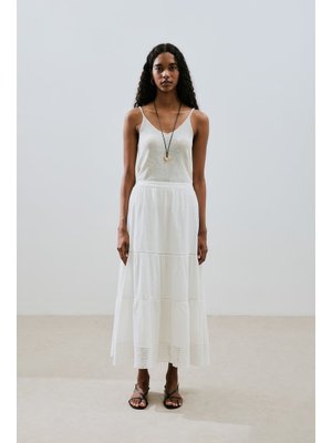 MANUKA Ekru Dokulu İşlemeli Katlı Uzun Etek