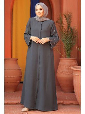 Neva Style Kolları İşlemeli Füme Abaya 2634fu