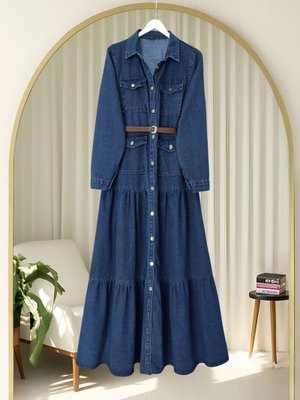 Podyumplus Laci Boydan Düğmeli Cepli Kemerli Kot Elbise