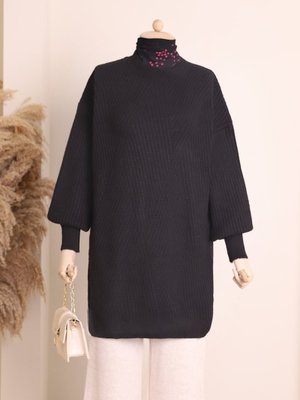 Podyumplus Siyah Bisiklet Yaka Baklava Desen Triko Kazak