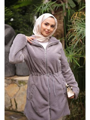 İmaj Butik Füme Beli İpli Flato Cepli Fermuarlı Peluş Mont