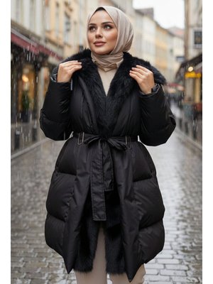 Benguen Siyah Kürk Detaylı Kemerli Mont