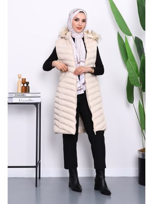 İmaj Butik Bej Kapüşonlu Uzun Şişme Yelek