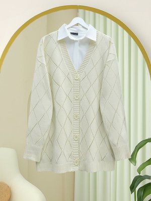 Podyumplus Krem Ajurlu Baklava Desenli Triko Hırka