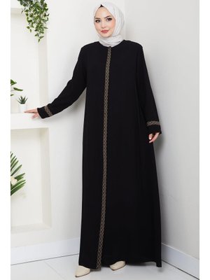 Hafsa Mina Siyah Çiçek Nakışlı Büyük Beden Ferace