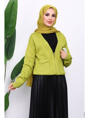 İmaj Butik Yağ Yeşili Çift Cepli Fermuarlı Triko Hırka