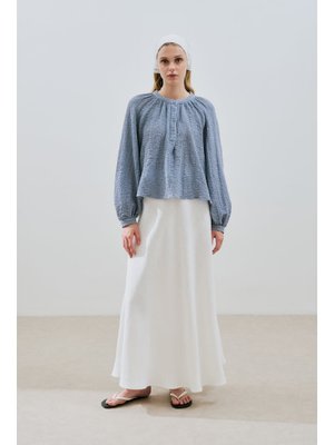 MANUKA Mavi Dokulu Yakası Düğmeli Bluz