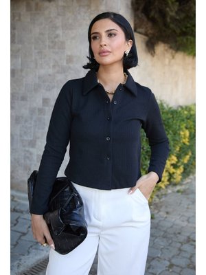 InStyle Gömlek Yaka Düğmeli Siyah Hırka
