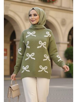 Neva Style Kurdele Desenli Yağ Yeşili Triko Kazak Tunik 8754yy