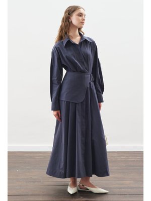 MANUKA Lacivert Kemer Detaylı Pileli Elbise