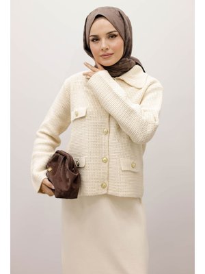 Tesettür Dünyası Bej Süs Cepli Triko Hırka