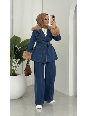 Harmatime butik Kuşaklı Kürk Detaylı Cepli İkili Kot Mavi Takım