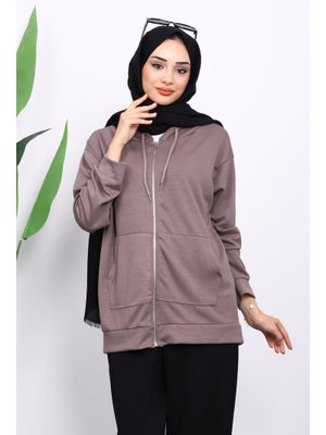 İmaj Butik Vizon Kapüşonlu Fermuarlı Modal Sweat Hırka