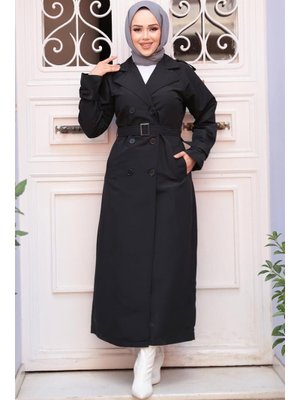Neva Style Tokalı Kemerli Siyah Trençkot 26413s